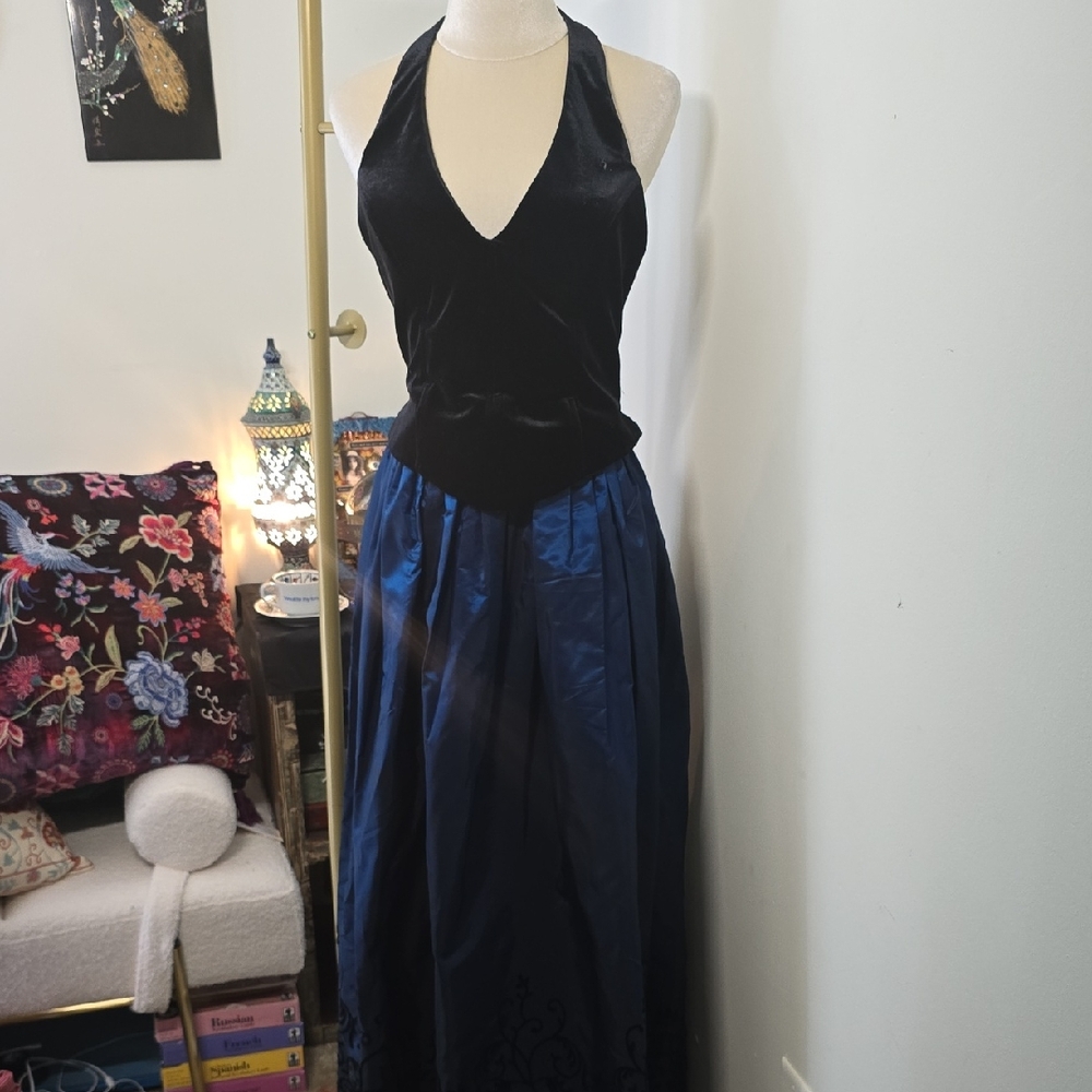 Deep Blue Taffeta Gown With Black Velvet Halter Bodice